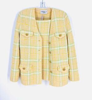 Christian A. Size S ? Yellow/Mint Plaid Tweed Designer Dress Set